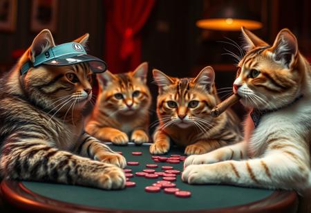 score_9, score_8_up, score_7_up, photo quality image of cats playing poker, visor, cigar