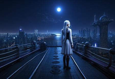 professional 3d model city street,street,street photography,<lora:Beeple_scenery:1>,Beeple,scenery,with a man standing on the roof of the ship,, <lora:Metroplex Base:0.4>,a city scnery,, <lora:LetThereBeLight:0.3>,Beeple,lighting,, 1girl,long silver-white hair pale as moonlight,Targaryen lineage,hair is worn in intricate braids,large violet eyes noted for their intensity and otherworldly quality,pale smooth skin with a creamy complexion with an almost luminous quality,striking beauty,slim and petite build, . octane render, highly detailed, volumetric, dramatic lighting