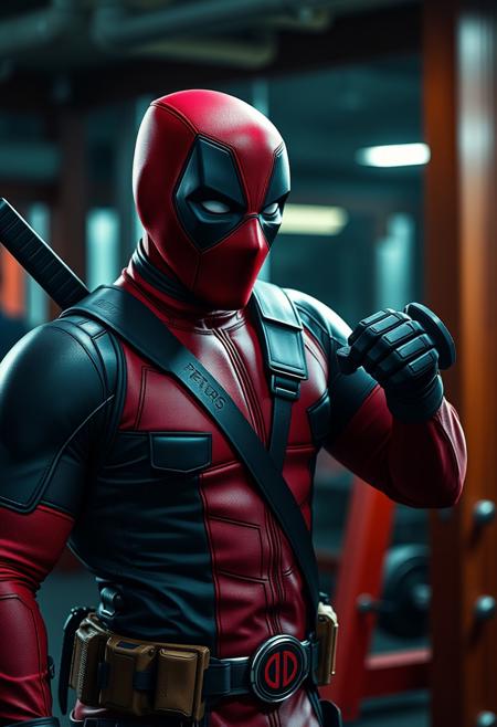 Deadpool working out in the gym, wearing workout clothes while keeping his mask on his face, highres, best quality, realistic, cinematic lighting, hyperrealistic, perfect quality