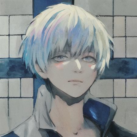 (kaneki ken), 1boy,flamboyant, in the style of sui ishida, tokyo ghoul, zoomed in on face, focused on face, blue highlights,looking at viewer,watercolor, aristocratic youth,  <lora:TKG_Sui Ishida:1> <lora:Kaneki Ken:1>