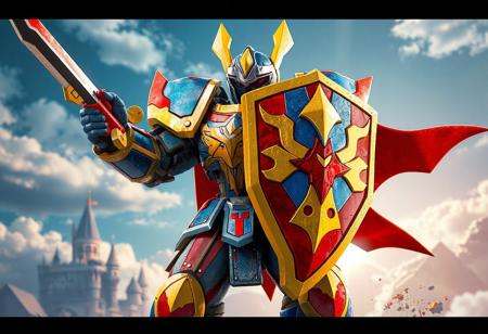 Epic Knight of the Morning Star robot, Cloudcastle backdrop, blue, red, yellow mosaic armor, striking red/yellow shield, sword, black head, white face. Dynamic action pose, playful design. Splash ink illustration, Octane render, Unreal Engine 5, Raphael style, Houdini style, vivid emotions, joyful impact. High-res, 4K, exceptional quality, lifelike details, handcrafted, sharp lines, stunning colors, harmonious colors, contemporary aesthetics, beautiful matte painting, impeccable composition, creative angle, attractive background, balanced editing, intentional focus, captivating lighting, Grammer Effect style, Artstation trending, golden ratio.