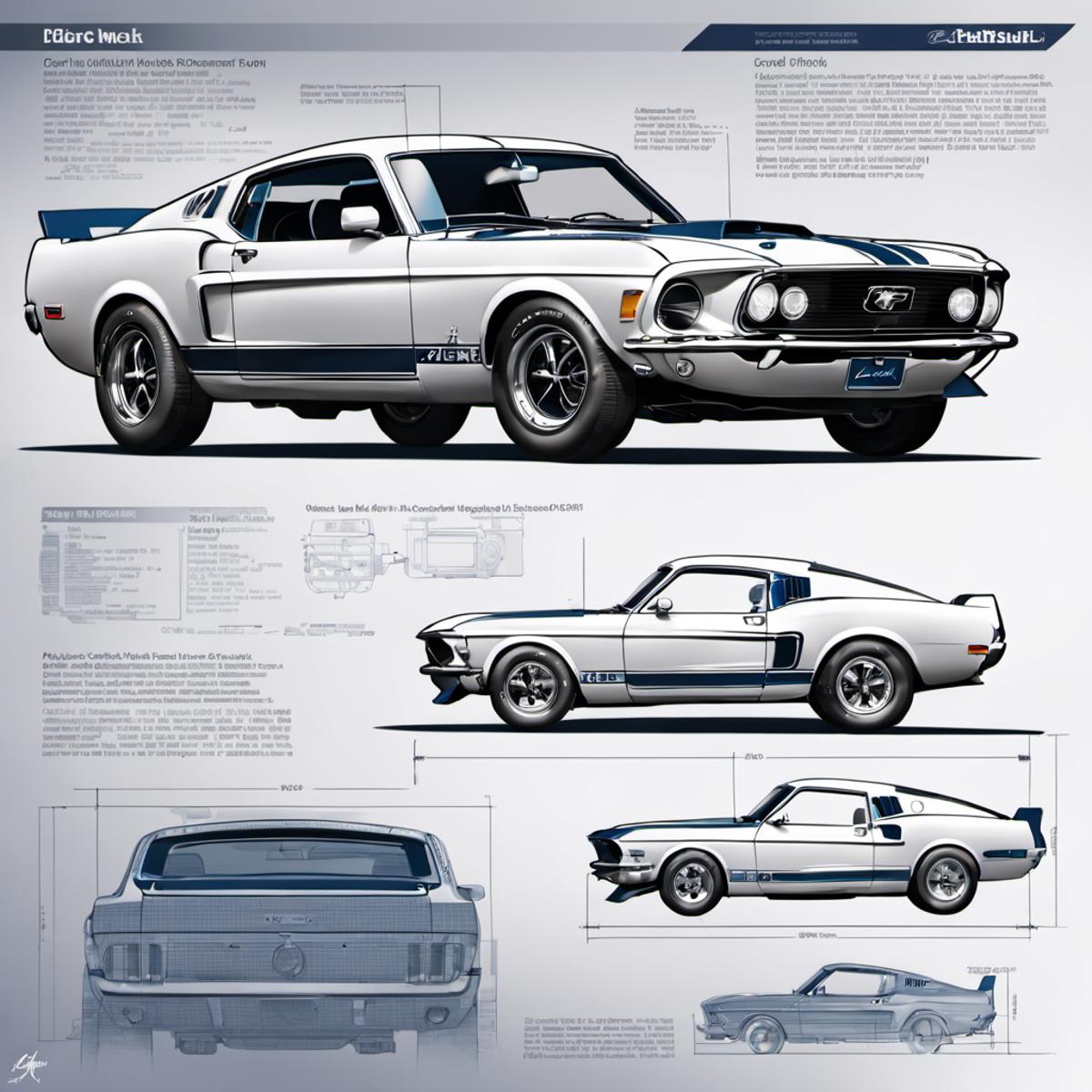 A Blue and White Mustang with a detailed illustration.
