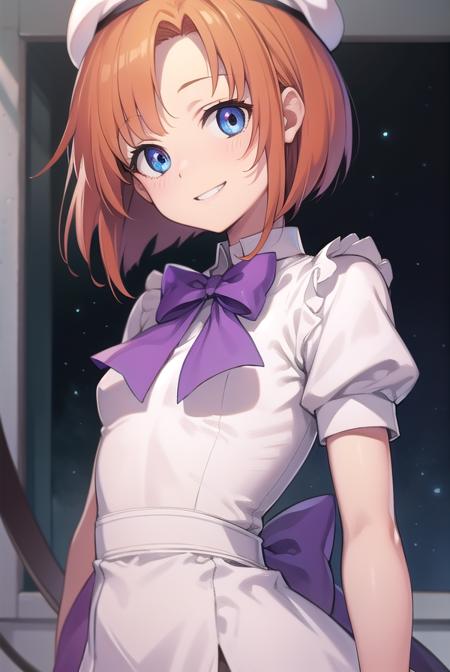 renaryuuguu, <lora:renatest:1>,
rena ryuuguu, orange hair, short hair, blue eyes, smile, grin,
BREAK beret, black thighhighs, bow, bowtie, dress, hat, puffy short sleeves, puffy sleeves, purple bow, purple bowtie, short sleeves, thighhighs, white dress, zettai ryouiki, (small breast:1.2)
BREAK looking at viewer,
BREAK indoors, bed,
BREAK <lora:GoodHands-vanilla:1>, (masterpiece:1.2), best quality, high resolution, unity 8k wallpaper, (illustration:0.8), (beautiful detailed eyes:1.6), extremely detailed face, perfect lighting, extremely detailed CG, (perfect hands, perfect anatomy),