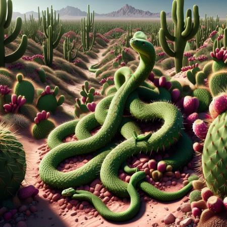 Snake slithering through desert cactuses, tech  <lora:Prickly Pear Style v1:1>, Prickly Pear Style,