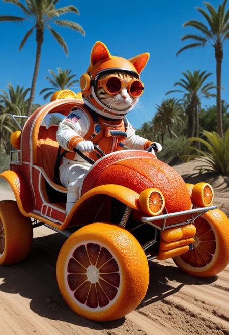 blood orange style, (made of blood orange:1.3), from side, closeup cute small blood orange 4WD buggy, astronaut cat driving, wear round goggles, wear animal ears helmet, run through on blood orange planet ground, Dust, from side, surround by orange, palm trees, blue sky, cinematic, cinematic lighting, (masterpiece, best quality:1.4), ultra-high res, 4k, Photorealistic, insanely detailed, sfw,