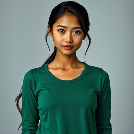 1girl, realistic, realistic photography, professional photography, photo from head to stomach, formal pose, facing towards the camera, head not out of frame, a 20 year old girl, light brown skin, height 155cm, chest circumference 68cm, lower chest circumference 63cm, round chest shape, stomach circumference 63cm, waist circumference 63cm, upper hip circumference 65cm, hip circumference 63cm, round face, slight chin slit, small ears, straight nose, bow shaped lips, round eyes, green eyes, thick straight eyebrows with a slight gentle curve, very long hair touching the hips, slightly wavy black hair slightly reddish, hair combed back, hair tied in a ponytail, only 1 ponytail, no front bangs, no side bangs, no fringe, dark green hair tie, wearing a long sleeved cotton t-shirt without buttons with an o neck collar, t-shirt covering up to the ankles, green t-shirt, wearing green stilettos, no make-up face, wearing a pair of gold earrings, wearing a gold necklace, not wearing a ring, not wearing a bracelet, no blush on the nose, no blush on the cheeks, no blush on the face, white wall background, professional photo studio lighting, accurate anatomy, detailed anatomy, realistic anatomy, detailed skin texture, realistic skin texture, detailed skin pores, realistic skin pores, detailed face, realistic face,