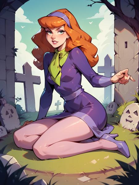 daphne blake, 1girl, solo, hairband, long hair, pantyhose, orange hair, dress, high heels