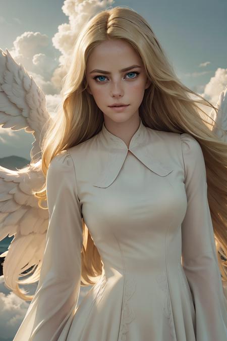 best quality, masterpiece, photorealistic, ultrarealistic,   professional photograph shot on Canon EOS R6, 80mm, moody lighting,   (beautiful 24 yo swedish angel with large angel wings, edgCloud,  wearing a dress made of clouds,fantasy romantic, solo, detailed eyes, looking at viewer, beautiful, , fantasy, , smirk, romantic, solo, heaven, enveloped in clouds, heavenly clouds background BREAK (blonde hair, mid parted hair, straight hair, long hair:1.2), pronounced blush, beautiful green eyes  <lora:katiasc0v1:1> katsc0d