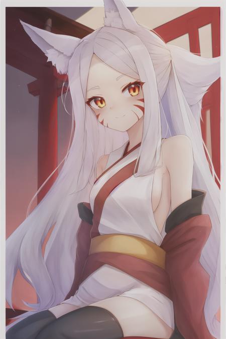 1girl, fox girl, fox ears, fox tail, long white hair, black stockings, shiro, facial mark, red japan gates, torii gates, loose hair, white clothes