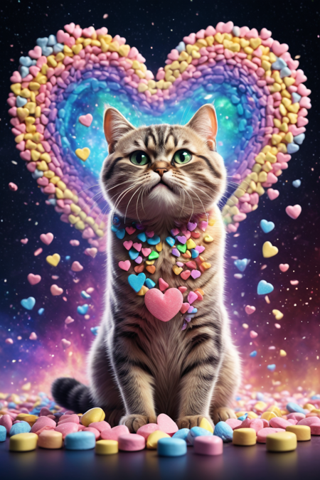 lazympos,also cute Angry cat made from candyhearts,<lora:lazympos:1>,<lora:crowd_notrigger:0.7>,<lora:add-detail-xl:1>,breathing rainbows,magic,sci fi,energy,text "buzz me",<lora:Candyhearts-15:0.7>,(outer space background) . Professional,modern,masterpiece,super realistic,highly detailed