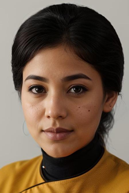 1girl, emirulol, (close up:1.4), ((headshot)),  yellow pcdst uniform, long sleeves, blurry background<lora:STPicardUniforms:0.8>