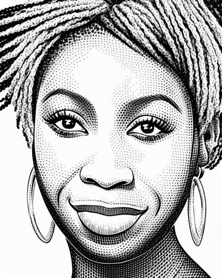 portrait of a beautiful black woman in hedcut style <lora:GazHedcut:1>