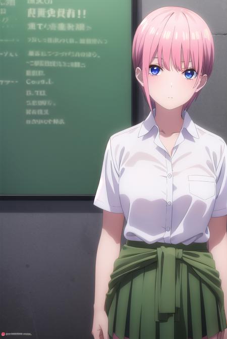 ichikanakano, <lyco:ichikanakanospecial-lyco-nochekaiser:1>, 
ichika nakano, short hair, bangs, blue eyes, hair between eyes, pink hair,
BREAK skirt, shirt, school uniform, white shirt, short sleeves, pleated skirt, shoes, socks, collared shirt, black footwear, sweater, white socks, (green skirt:1.2), loafers, clothes around waist,
BREAK indoors, classroom,
BREAK looking at viewer, (cowboy shot:1.5),
BREAK <lyco:GoodHands-beta2:1>, (masterpiece:1.2), best quality, high resolution, unity 8k wallpaper, (illustration:0.8), (beautiful detailed eyes:1.6), extremely detailed face, perfect lighting, extremely detailed CG, (perfect hands, perfect anatomy),