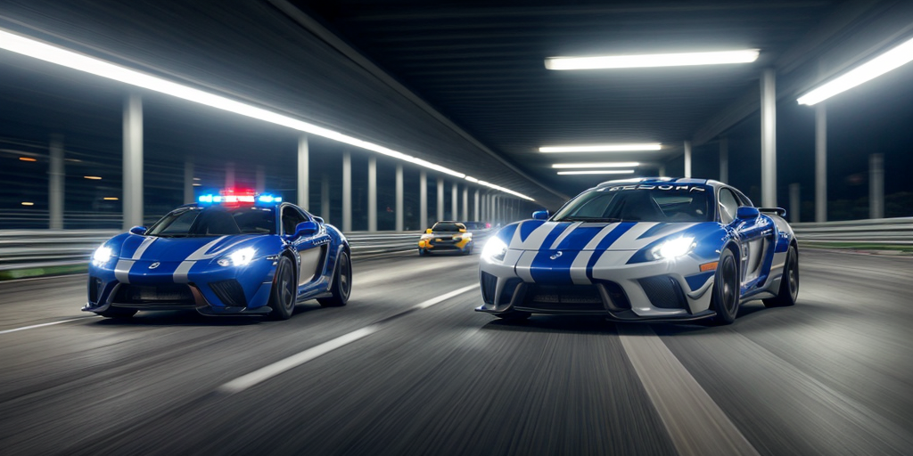 modern sport car (motion blur), wheel focus, driving on the highway, shot from a low angle, soft natural lighting in underground city, need for speed, police lights flashing