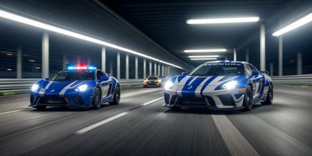 modern sport car (motion blur), wheel focus, driving on the highway, shot from a low angle, soft natural lighting in underground city, need for speed, police lights flashing