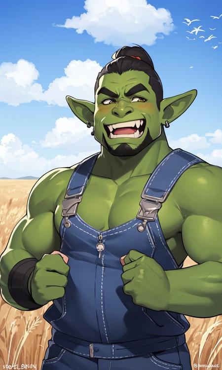 Upper body portrait of a (orc:1.2) in overalls, green skin, (fang:1.15), working with a bundle of straw, (blushing to the tips of his ears:1.1), looking at you with (a happy expression:1.2). concept art, blue sky spreads and clouds flow, wheat field
BREAK
[muscular|musclegut], gay, bara, [massive|stocky]
 <lora:flat1:0.35>