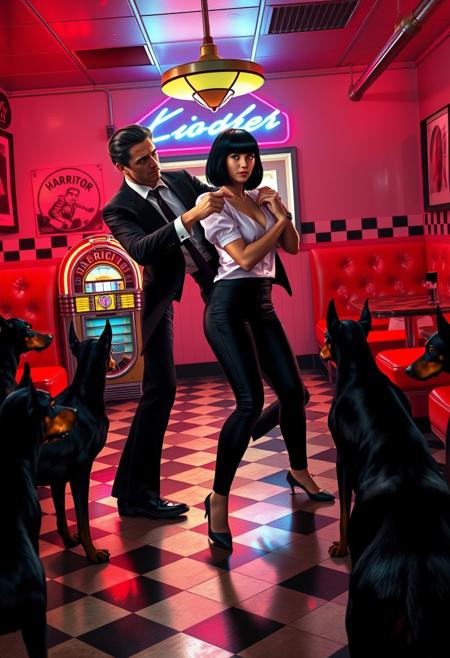 Create a highly realistic image of a dance scene inspired by the iconic moment in “Pulp Fiction,” but with a distinctive twist. The setting is an authentic 1950s diner, with black-and-white checkered floors, red vinyl booths, and neon lights casting a warm, nostalgic glow. A vintage jukebox sits in the corner, softly illuminating the room with its colorful lights.
In the foreground, two characters are captured mid-dance. The man has slicked-back dark hair, wearing a perfectly tailored black suit, white shirt, and skinny black tie. The woman has a sleek black bob haircut, dressed in a crisp white blouse and form-fitting black pants. Both are locked in a playful pose, full of energy and confidence, with the man pointing towards the woman.
Adding a surreal element to the scene, several realistic dobermans with sharp, defined features surround the dance floor. Their postures are tense and alert, with their eyes glowing an unnatural fiery red, as if possessed by a dark force. The eerie presence of the dobermans contrasts sharply with the vibrant, lively energy of the dancers.
In the background, a large, slightly worn cardboard sign hangs prominently, reading “DANCING 4 BUZZ!” in bold, hand-drawn letters. The sign looks like it was hastily made, adding a quirky and almost humorous touch to the intense and otherworldly atmosphere. The overall image should feel vividly real, with a mix of classic nostalgia and unsettling tension, blending the familiar with the bizarre.