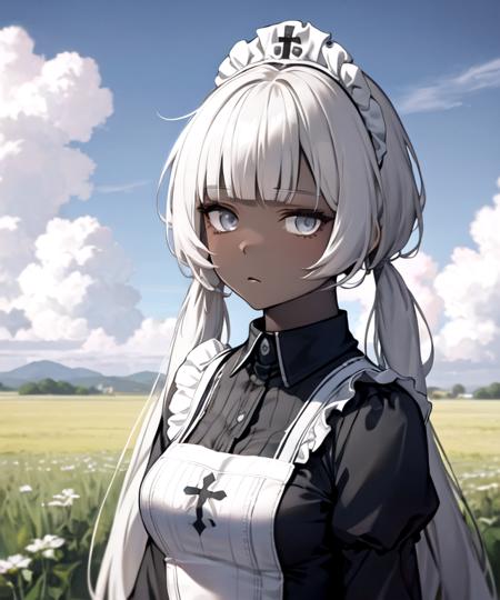 masterpiece, best quality, <lora:Charon576V1:0.7>, 1girl, charonlora, dark skin, grey hair, long hair, blunt bangs, low twintails, grey eyes, maid, maid headdress, maid apron, looking at viewer, upper body, field, sky, clouds