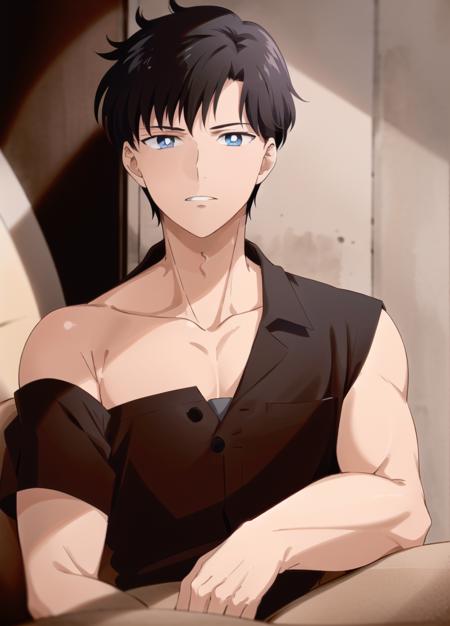 masterpiece, best quality, highres, male focus, solo,1boy,black hair, blue eyes,, looking at looking at viewer , upper body,     <lora:chiba_mamoru_eternal:0.7> <lyco:husbandoLocon_v33:0.4>