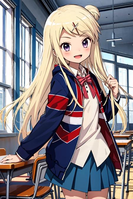 kujo karen, union jack jacket, smile, open mouth, :d, looking at viewer, shirt, pleated skirt, blue skirt, striped bow, indoors, school, window, depth of field,  <lyco:kujo-karen_v3:1>