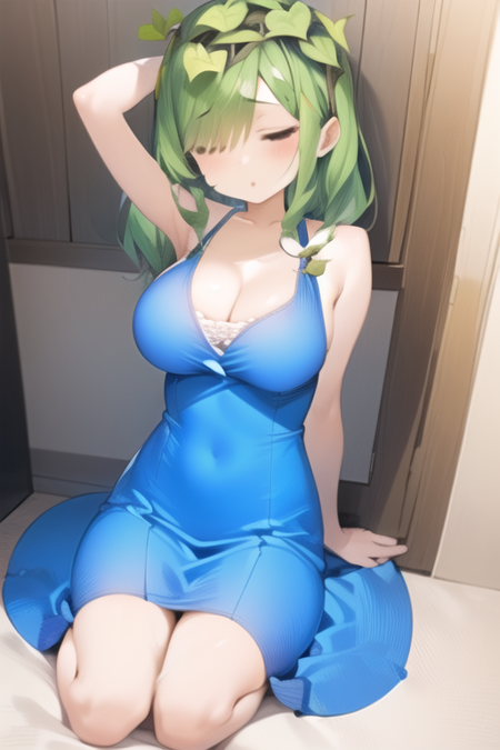 1girl, sleepy, full_body,1girl,  blue dress, vine hair, closed_eye