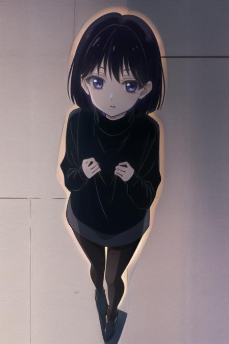  Tomoe_Hotaru,bob_cut, short_hair, black_hair, dress, Turtleneck knitwear,long_sleeves, pantyhose, black_legwear,