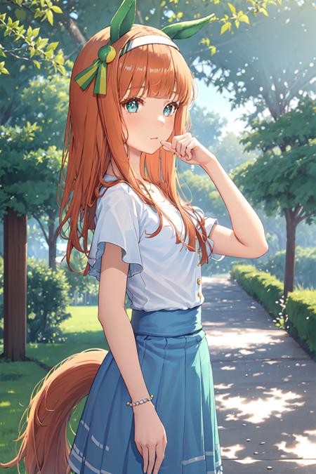 masterpiece,realistic, <lora:silence suzuka:0.9>,1girl,silence suzuka (umamusume),silence suzuka(Mufti),horse girl,horse ears,horse tail,orange hair,green eyes,long hair,hairband,ear_covers,white shirt,short sleeves,green_ribbon,blue skirt,pantyhose,brown footwear,solo,outdoors, town,dating,