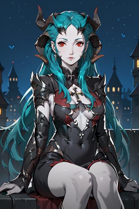 VVGirl, demon horns, red eyes, long hair, aqua hair, gray skin