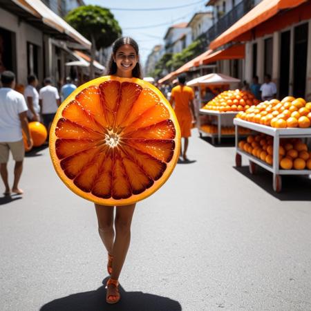 Brazilian girl, selling orange fruit in streets, wearing orange sliced shaped dress, <lora:blood_orange_world_morph_sdxl:1> , sunny day, people walking, vendor stand, blood orange style
