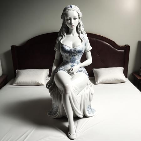 a statue of a (bwporcelaincd, white porcelain skin) girl, sexy pose, sitting, long hair, dress, (solo:1.2), <lora:bwporcelaincd-000015:0.8>, no humans, high quality, masterpiece, realistic, photorealistic, long-focus, looking at viewer, in bedroom, on bed, full body