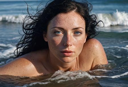 Stunning 35mm photo of a beautiful 38 years old Dutch woman, dynamic, fully naked, perfect face, absolute beauty, sexy pose, natural raven black hair, blue eyes, perfect eyes, detailed eyes, detailed iris, freckles, freckles and moles all over body, realistic freckles, absolute perfect tits, big tits, soft natural tits, hairless vagina, no pubic hair,  the look on her face gives away she is very horny, lying on her side in the surf of the sea, supporting her head with one hand, high waves, foggy, swirls of mist ,soft natural early morning light, beautiful sky, ultra realistic, realistic skin, detailed skin, realistic vagina, extremely detailed, Rembrandt style light, 8k resolution, masterpiece, 35mm, Hasselblad