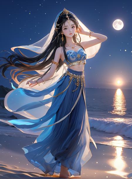 shiny skin best quality, masterpiece, 1girl, solo, long hair, black hair, jewelry, dancing on the beach, earing, bowhair, china goddess, veil, moonlight, night, fire, dark themes, barefoot, sky, moon, beach, ocean masterpiece,32k,extremely detailed CG unity 8k wallpaper, best quality, 
<lora:sdxl_chinagoddess:0.65>