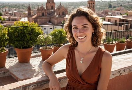 San Miguel de Allende, Rooftop Terrace A hyper-realistic editorial portrait of a smiling woman. She has short, tousled light brown hair with natural waves, green eyes, and a warm, authentic expression. Her skin shows natural freckles, visible pores, and soft smile lines — no heavy makeup, just real, healthy texture. She’s dressed in a soft rust-colored wrap dress with a cinched waist and minimal jewelry. She’s seated on a rooftop terrace surrounded by blooming terracotta pots and iron railings, with San Miguel’s cathedral domes in the softly blurred background. Photographed with a 50mm lens, aperture f/1.8, early afternoon sun filtered through a canvas awning. Warm tones dominate the editorial, with rich shadows adding texture and intimacy.