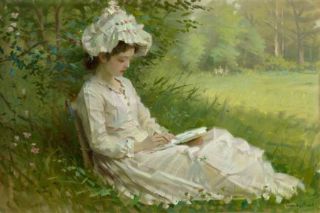 ClaudeMonet, 1girl, solo, dress, grass, sitting, outdoors, closed eyes, flower, white dress, hand fan, long sleeves, bonnet, tree, holding