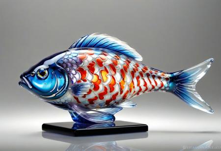 ((vibrant fish made of Murano glass:1.4)), (   
  Realistic photography of a Murano glass fish placed on a desk.   stained glass pattern:1.3), (iridescent colors:1.3), (light refraction through translucent ), (detailed close-up:1.2), (floating gently in warm light:1.1), (surreal elegance:1.2), murano_glass_style