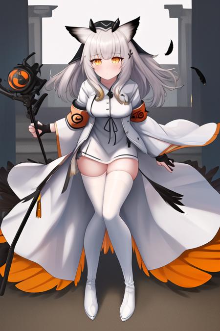 masterpiece, best quality, highres, solo, {ptilopsis_arknights:1.10}, bangs, owl_ears, white_hair, long_hair, yellow_eyes, orange_eyes, armband, holding, closed_mouth, grey_hair, breasts, feather_hair, medium_hair, 1girl, coat, dress, elite_ii_\(arknights\), holding_staff, staff, thighhighs, white_coat, white_dress, boots, long_sleeves, looking_at_viewer, thigh_boots, white_footwear, wide_sleeves, bird, full_body, white_thighhighs