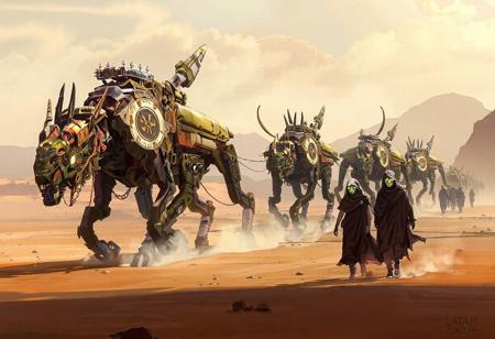 A nomadic mech caravan crossing a dried sea basin, giant mechanical creatures fused with ancient tribal designs, led by cloaked figures with glowing masks. Concept art by Leon Tukker and Benedick Bana, dynamic shapes, mythic tech-fantasy fusion.