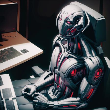 ultron, solo, overhead shot, seated, contemplative, command center, monitors, control room, AI, strategy, intricate details, masterpiece, absurdres, best quality <lora:ultronPrime-000020:0.8>