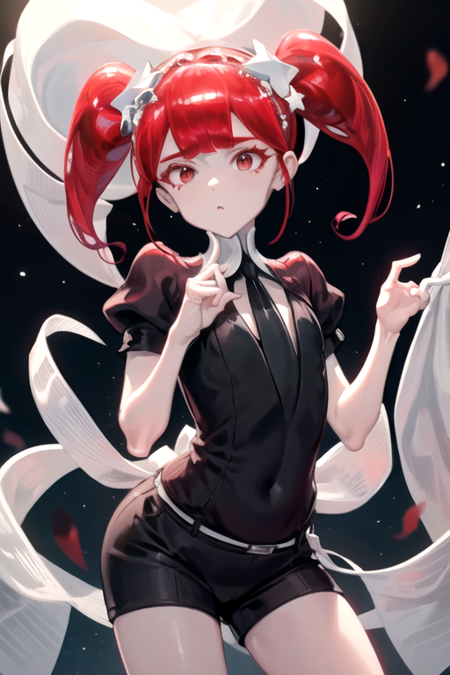 RedBeryl, solo, long hair, white shirt, hair ornament, red eyes, twintails, short sleeves, red hair, black necktie, black shorts, puffy sleeves, star (symbol), 1other, gem uniform (houseki no kuni), crystal hair, 