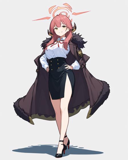 aru \(blue archive\),1girl, solo, high_heels, white_background, simple_background, black_skirt, horns, neck_ribbon, white_shirt, shadow, hand_on_hip, red_ribbon, breasts, full_body, holding_jacket, black_footwear, standing, long_sleeves, fur-trimmed_coat, grin
<lora:aru_(blue_archive)_image2817_2023-11-25-000009:1>halo. gorgeous,key visual, vibrant, studio anime,award-winning, professional, highly detailed,high budget, cinemascope