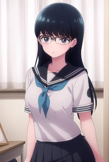 kyoukokuroyuri, <lora:kyouko kuroyuri s1-lora-nochekaiser:1>,
kyouko kuroyuri, long hair, black hair, (black eyes:1.5), glasses,
BREAK skirt, school uniform, pantyhose, pleated skirt, serafuku, armband, (black shirt:1.2),
BREAK indoors, classroom,
BREAK looking at viewer, (cowboy shot:1.5),
BREAK <lyco:GoodHands-beta2:1>, (masterpiece:1.2), best quality, high resolution, unity 8k wallpaper, (illustration:0.8), (beautiful detailed eyes:1.6), extremely detailed face, perfect lighting, extremely detailed CG, (perfect hands, perfect anatomy),