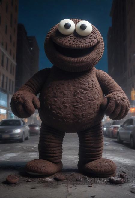A gigantic Cookie Monster made of creamy cookies stomping through New York City at night, destruction, debris