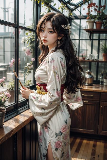 (artwork, official art, depth_of_field:1.2), (blurry background:1.7), soft and warm lighting, (scenery, profile, feet out of frame), ((1girl, solo)), (look at viewer:1.2), (indoors), (painting a picture of flowers:1.4), painting \(object\), art brush, paintbrush, palette \(object\), watercolor painting on large canvas, holding small-paintbrush and palette \(object\), art tool, dramatic shadows, (greenhouse of modern and chic design:1.4), (all of walls with vertical glass style:1.6), BREAK artwork display shelves with finished paintings, BREAK picture frame/curtains, BREAK soft backlighting from glass, BREAK flower field, branch, flower, lily_\(flower\), orange_flower, pink_flower, white_flower, yellow_flower, earrings, jewelry, long hair, (wavy hair), (stylish, elegant, Japanese clothes, dress, long dress, frills, long long sleeves, (wide sleeves:1.2), floral print, kimono, print_kimono, dress),
light_makeup, ((teenage)), human body ratio, pale skin, shiny skin, parted lips, realistic, realistic_scale, (best quality:1.4), (masterpiece:1.4), (extremely intricate detail), extremely delicate and beautiful, beautiful and aesthetic, (cute, pretty),
<lora:add_detail:0.8>,
