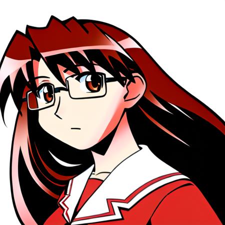 <lora:KoyomiLoRA:1>, 1girl, solo, (full body), koyomi mizuhara, black glasses, brown hair, long hair, brown eyes, looking at viewer, school uniform, serafuku, red shirt, simple background, (white background)