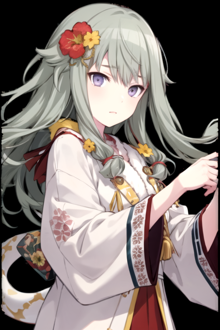 <lora:NotKyo-08:0.7> ,nene, 1girl, solo, long hair, looking at viewer, hair ornament, long sleeves, closed mouth, purple eyes, upper body, flower, japanese clothes, green hair, hair flower, wide sleeves, kimono, floating hair, animal, black background, tassel, snake