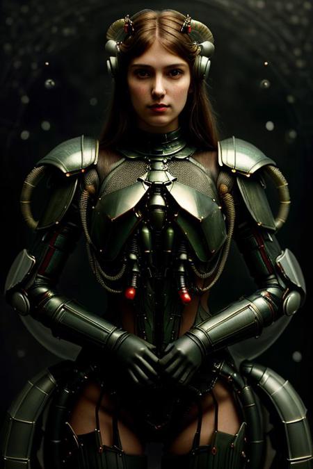 Pre-Raphaelite portrait of (beautiful face, long neck, slender arms)) armor, diadem, Mantis, greater stag beetle, crab, horns, glowing, detailed background, floating particles, darkness, scifi