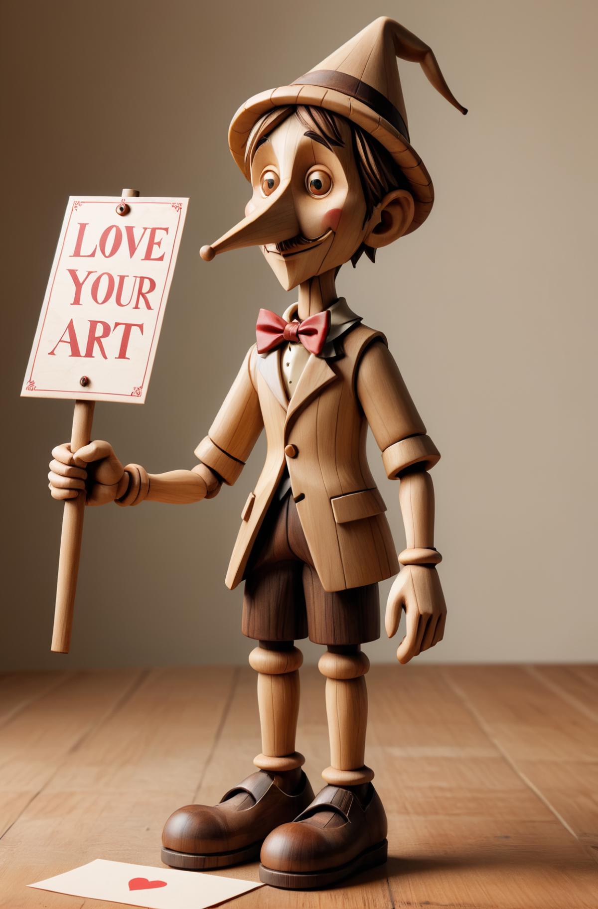A wooden figure of a man holding a sign that says "Love your Art".