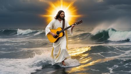 jesus walking on water,ocean,yellow aura around head,playing guitar,white robe,tsunami waves,photo