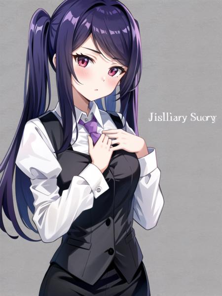 1girl, solo, bangs, blush, hand on own chest, jill stingray, long sleeves, looking at viewer, purple hair, medium breasts, necktie, shirt, solo, upper body, vest,  <lora:Jill_Stingray-02:1>, bartender, vest, white shirt,