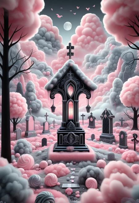 graveyard made of cottoncandy, (black:1.2), (gray:1.2).